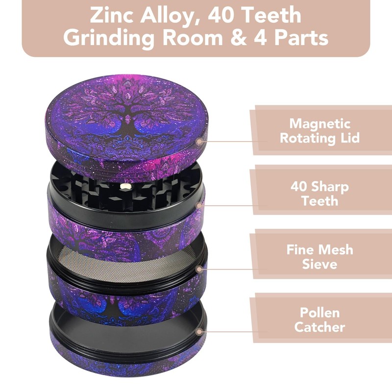 Grinder Herb Large, 63mm, 4 Piece Purple Grinder with 40