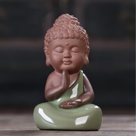 EVECILOO Ceramic Cute Baby Buddha Statue, Purple Clay Peaceful Rulai Buddha Statue, Happy Baby Buddha Statue, Monk Figurine, Office Desktop Mini Statue, Tea Ornaments, Monk Home Decoration (2)