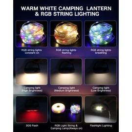 Camping Lights String,4 in 1 Outdoor String Lights with 9 Lighting Modes(33 FT),RGB Waterproof Tent Lights with Remote Control,Portable Camping Lanterns USB Rechargeable for Tent,RVs,Yard,Decoration