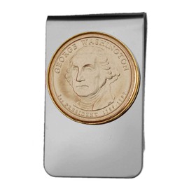 US 2007 Presidential Dollar BU Unc Coin Stainless Steel Gold Silver Two Tone Money Clip NEW - George Washington (1789−1797 Years Served)