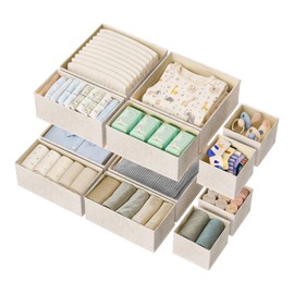 ActCosy 12 Pack Drawer Organizer for Baby Clothes, Linen Fabric Nursery Organizer for Baby Diaper, Collapsible Deep Fabric Drawer Organizer with Zipper for Socks, Bra, Towels, Ties, Beige