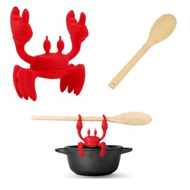 Red Crab Spoon Holder Rest,with one Bamboo Spoon,2-in-1 - Steam Releaser, Heat-Resistant Spoon Holder for Stovetop, Spatula Holder and Cooking Spoon Holder for Stovetop and Counter