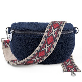 ARTVALL - Shoulder Bag Teddy Fabric Bag Handbag Plush Bag Bum Bag Teddy Fur Plush with Shoulder Strap Design Bag Strap Removable Adjustable Strap Crossbody Bag Women with Zip, Navy (Boho Red | Blue)