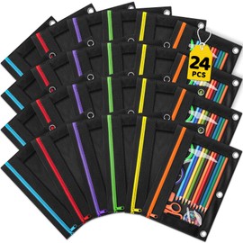 24 Pack Pencil Pouch for 3 Ring Binder, Featuring Colored Zippers & Transparent Windows, Multicolors Fabric Pencil Case Pouch Durable Zipper Pencil Bags in Bulk for Office School Supplies (6 Colors)