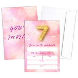 Birthday Invitations Cards With Envelopes, Set of 20, Pink Girls Theme Birthday Parties Supplies Decorations, Gold Glitter Style Fill-in Style Birthday Invite Cards, Birthday Party Favors, 03