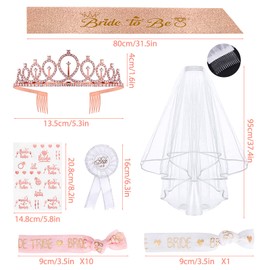 Bride to Be Sash and Veil, Pack of 16 Stag Party Women Decoration, Hen Party Accessories Women with 10 Team Bridal Bracelets, 1 Bridal Bracelet, Sash, Veil, Badge, Tiara, Tattoo