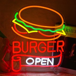 BNEMCEZH Burger Open Neon Sign Dimmable Delicious Hamburger LED Light Sign for Wall Decor USB Powered Business Fast Food Open Light up Sign for Restaurant Kitchen Man Cave Bar Snack Shop Party Home