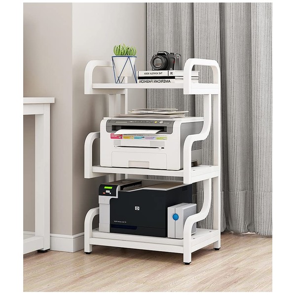 Natwind 3-Tier Printer Stand with Wheels Movable Storage Cart Floor-Standing Multi-Purpose Shelf Rack for Media Player Scanner Files Books Microwave Oven in Kitchen Living Room Home Office (White)