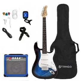 Blue Electric Guitar Beginner Kit Full Size 39 Inch Set Includes Tremolo Guitar, 20W Amplifier 3 Picks, Shoulder Strap, Tuner, Bag Case
