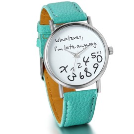 Unisex Female Women Ladies Girls "Whatever, I'm late anyway" Love Gift Leather Strap Watches Quartz Wrist Watch (Green)
