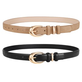 LEACOOLKEY - Paquete de 2 cinturones de piel para mujer, para jeans, vestido de moda, cinturón con hebilla dorada plateada, Black+suede Brown, 43": Suit waist size 30"-35"