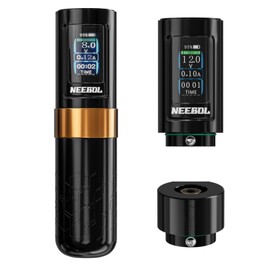 NEEBOL Wireless Tattoo Gun Rotary Tattoo Machine LED Display Screen 8 Hour Battery Life Extra Battery High-end Tattoo Pen Equipment Supply Permanent Tattoo Art Makeup Gift (Black-Extra Battery)