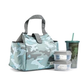 Fit & Fresh Westport Adult Insulated Lunch Bag with Side Pouches & Carry Handles, Complete Lunch Kit Includes Matching Tumbler & 2 Containers, Sage Camo