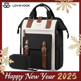 LOVEVOOK  Christmas Laptop Backpack with USB Port and Small Bag for Women - Stylish Work Bag for Teacher, Nurse, Travel - Color: Pink-beige-beige, Size: 15.6 inch