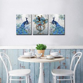 DekHome Blue Peacock Elegant Flower Bouquet Vase Giclee Picture Painting Prints 3 Piece Animal Peacock Wall Art Stretched and Framed Vintage Home Office decor 12"x16"x3pcs