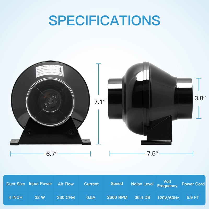 iPower 4 Inch 230 CFM Inline Fan Circulation Vent Blower,