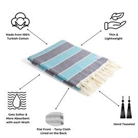 InfuseZen Terry Cloth Lined Turkish Bath & Beach Towel – Striped Design - 100% Organic Turkish Cotton - Soft, Lightweight, Absorbent Peshtemal, Quick Dry for Beach, Bath, Throw, Travel - Navy/Blue