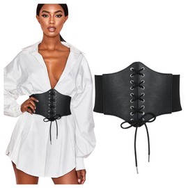 WHIPPY Women's Lace Up Corset Tied Waspie Wide Belt Elastic Corset Waist Belt Lace Up Belt, A-Black