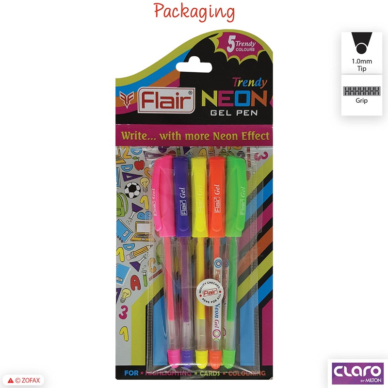 Flair 5 x 1.0mm Trendy NEON Ink Colour Gel Pens