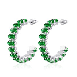Linawe Emerald Green Silver Half Hoop Earrings for Women, White Gold Chunky Thick Big Huggie Earrings, Hypoallergenic Cubic Zirconia Birthstone Rhinestone Imitation Diamond Hoops