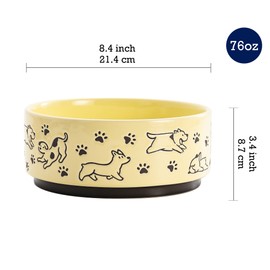 Bico Happy Dogs Yellow Ceramic 76oz Pet Bowl, for Large Size Dog, Puppy, Cat, Kitten, Durable and Dishwasher Safe Stoneware