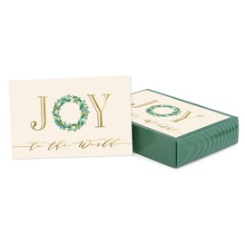 Canopy Street Masterpiece Joy To The World Gold Foil Christmas Card Set / 16 Boxed Holiday Wreath Note Cards With Coordinating Red Envelopes / 4" x 6" Folded Winter Greeting Cards With Inside Verse