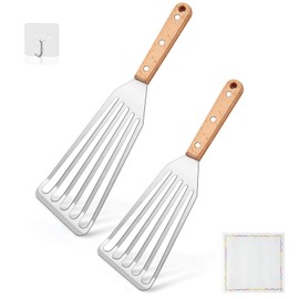 2 Pack Stainless Steel Spatula With Wooden Handle, Flexible Fish Spatula Perfect for Flipping Eggs Burgers and Baking, Durable Lightweight Metal Slotted Spatulas Great for Kitchen Cooking & BBQ
