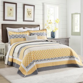 PANGUSHAN 120"×120" 100% Cotton Oversized Bedspread, California King Bedspread Reversible Floral Farmhouse XL Oversized Quilt Coverlet Bedding Set Lightweight Comforter, Yellow/Gray