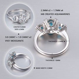 CivetCat Three Stone Rings with Sapphire for Women - 5cttw Moissanite Aquamarine Wedding Ring Center 3.0 ct with Side 1.0 ct DEF color VVS Certified Moissanite Diamond Platinum Plated