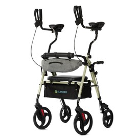 ELENKER Upright Rollator Walker, Stand Up Walkers for Seniors with Armrest, Front Pouch, 10”Wheels, Sponge Padded Seat and Backrest, Fully Adjustment Frame, Champagne