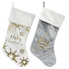 Christmas Stocking Set,Velvet Christmas Stockings,Red Green Velvet Stocking,Embroidered Patterned Large Xmas Stockings,Hanging Stockings Ornamemts for Family Christmas Party Decorations (White)