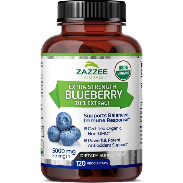 Zazzee USDA Organic Blueberry 10:1 Extract, 5000 mg Strength, 120 Vegan Capsules, 4 Month Supply, Concentrated and Standardized 10X Whole Fruit Extract, 100% Vegetarian, All-Natural and Non-GMO