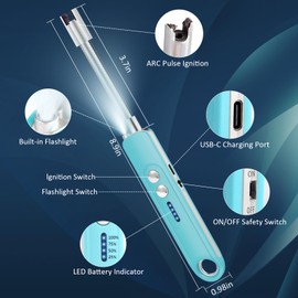 TIANWANG Electric Lighter,Candle Lighters with Flashlight,Windproof & Flameless,Type-C Rechargeable with Safety Switch for BBQ,Grill,Camping,Fireplace,Stove (Blue)