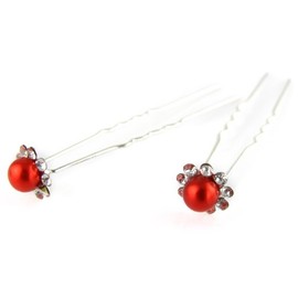 Ruby Red - Painted Faux Pearl - Crystal Cut Jeweled Petals - Double Prong - Hair Pin - 2 Piece Set