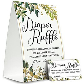 Tesedupoole Diaper Raffle Sign,Diaper Raffle Baby Shower Game Kit (1 Standing Sign + 50 Guessing Cards),Greenery Raffle Insert Ticket,Baby Showers Decorations-N01