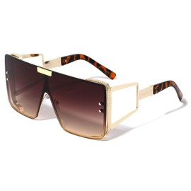 Dweebzilla XL Oversize One Piece Floating Lens Shield Aviator Luxury Sunglasses (Gold & Tortoise Frame, Brown Gradient Lens)