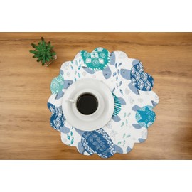 C&F Home Turtle Bay Round Quilted Reversible Single Placemat White Blue Teal Beach Coastal Nautical Reverse to Stripes Blue