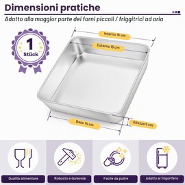 HaWare Piatto per gratin quadrato, in acciaio inox, piccolo, rettangolare, ideale per lasagne, brownie/torte, sano e lavabile in lavastoviglie, 15 x 15 x 5 cm