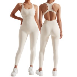 MOSHENGQI Women Racerback One Piece Jumpsuits Sleeveless Backless Bodycon Tummy Control Workout Romper(L,05-Beige)