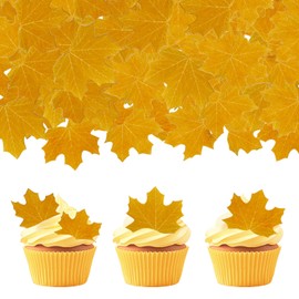 68pcs Maple Leaf cupcake top plug-in, edible wafer paper yellow leaves dress up forest series theme wedding baby birthday party dress up supplies (Maple Yellow 68pcs)