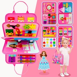 Toddler Learning Busy Board – Montessori Sensory Toy & Travel Activity Book for 2-4 Year Old Boys & Girls, Dinosaur Theme.:_PINK-Random Design