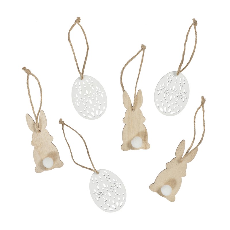 Lights4fun Set of 6 Wooden Easter Bunny and Egg Ornaments