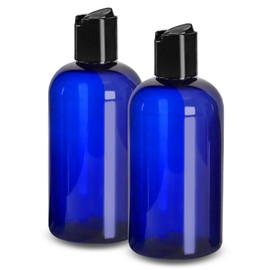 ljdeals 8 oz Cobalt Blue Plastic Empty Bottles with Black Disc Top Caps, Refillable Containers for Shampoo, Lotions, Cream and More, BPA Free, Pack of 2, Made in USA