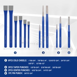 WORKPRO 30 PCS Heavy Duty Punch and Chisel Set with Roll Pouch, Cold Chisels, Center Punches, Pin Punches, Cape Chisel, Taper Punches & Chisel-Punch Gauge, Blackened and Painted Finish for Durability