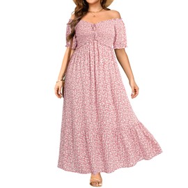Plus Size Floral Dress Summer Spring Off The Shoulder Puff Sleeve A Line Boho Maxi Flow Long Sundress Women Pink Flower