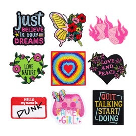 9pcs Iron on Patches for Girls Women Pink Preppy Punk Love Hearts Butterfly Embroidered Patches Sew On Applique Repair Patch for Clothes Backpacks Jeans Hats Pants Shoes Bags
