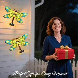 2 Pack Metal Dragonfly Outdoor Wall Decor with 30 Led Solar Lights- 13.9" Outdoor Fence Wall Art Decor, Gift for Mom Grandma Women Birthday Gardening,Hanging Decoration for Garden Patio Porch Yard