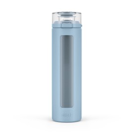 Ello Syndicate 20oz Reusable Glass Water Bottle with One-Touch Leak Proof Flip Lid, Protective Non-Slip Silicone Sleeve, Carry Loop for Coffee, Tea and Water, BPA-free, Dishwasher Safe, Tech Blue