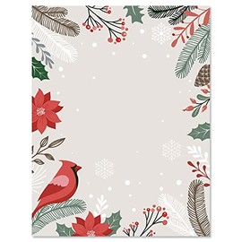 Cardinal Foliage Letter Paper - Set of 25 Christmas stationery papers are 8 1/2" x 11", compatible computer paper