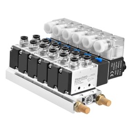 Heschen Electrical Pneumatic 6 Solenoid Valve, 4V210-08, AC220V Coil, PT1/4'' Port, 5 Way 2 Position, Manifold Base, Muffler, Quick Fittings Set